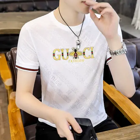 夏季新款冰丝短袖t恤男士冰感夏装体恤潮牌百搭烫钻高端刺绣上衣商品大图
