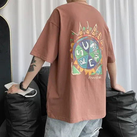 夏季潮流创意印花落肩薄款短袖T恤男2024年新款小清新休闲半袖衫商品大图