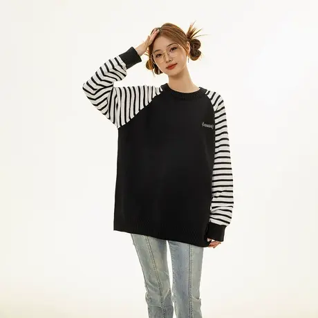 复古拼接慵懒风毛衣女秋冬2023年新款韩系圆领宽松小个子针织衫潮图片