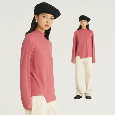 omont蛋挞家 复古修身半高领不规则打底t恤女长袖条纹上衣早秋季商品大图