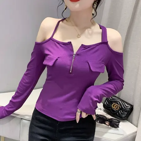 设计感一字领长袖T恤女露肩拉链高腰辣妹上衣早秋性感紧身打底衫商品大图