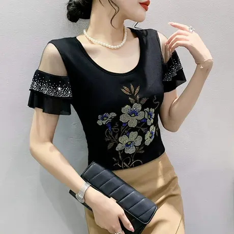 性感镂空T恤女短袖2024夏装新款网纱拼接上衣紧身烫钻小衫半袖潮图片