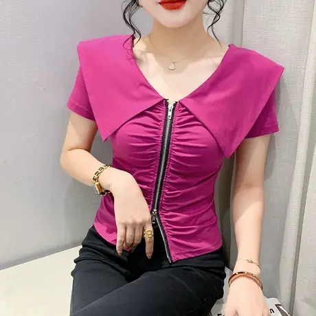设计感拉链开叉T恤女短袖欧货气质海军领上衣修身百搭小衫夏装潮图片