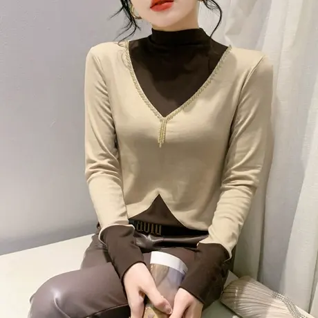 时尚立领加加绒加厚T恤女长袖性感撞色烫钻拼接上衣洋气修身小衫图片