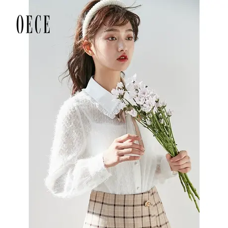 Oece春装女装 温柔云朵白法式花边翻领流苏长袖衬衫上衣商品大图
