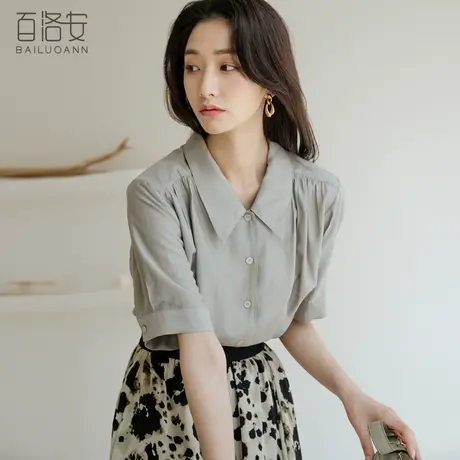 百洛安宽松百搭衬衣女2024夏装新款设计感别致上衣法式翻领衬衫商品大图