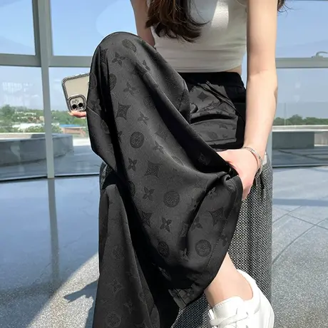 黑色醋酸印花阔腿裤女夏季薄款高腰垂感窄版显瘦休闲冰丝拖地长裤图片