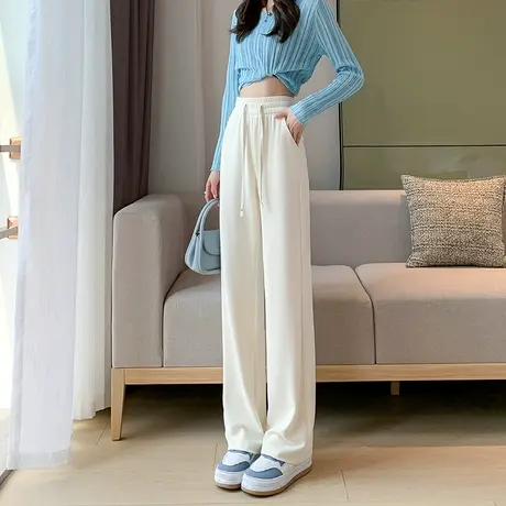 白色窄版针织阔腿裤女秋季2023新款加长高个子高腰垂感直筒拖地裤图片
