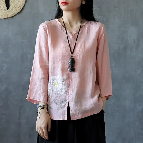 DZA复古小v领开叉宽松七分袖粉色亚麻t恤女2022秋季百搭棉麻上衣商品大图