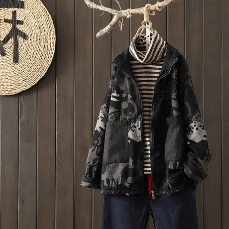 枫谜冬季新款文艺复古印花夹棉牛仔棉衣女宽松口袋加绒棉服外套图片