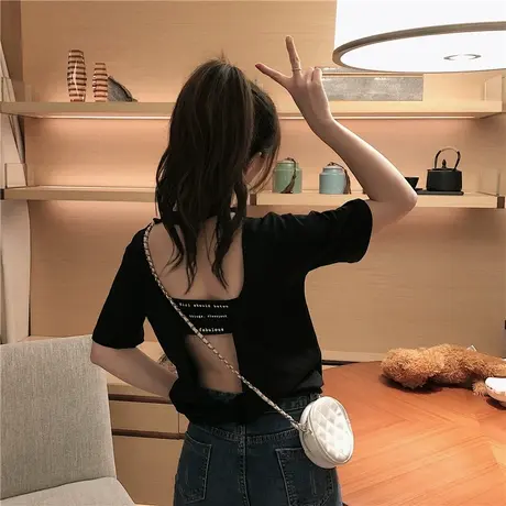 ins超火短袖T恤女2025夏宽松韩版潮港风原宿bf心机露背半袖上衣服图片