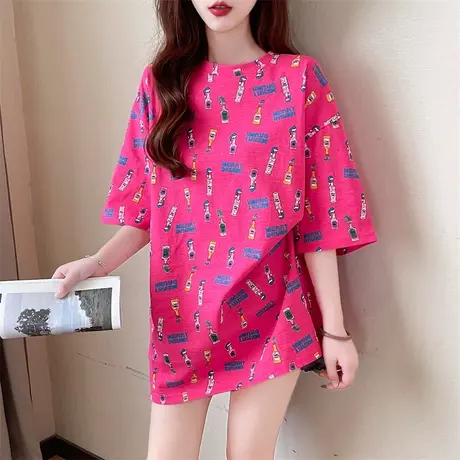 中长款短袖t恤女春夏季2023新款打底衫内搭体恤宽松卡通大码上衣商品大图