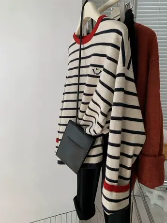 法式刺绣笑脸撞色条纹毛衣女韩版气质别致时尚慵懒风针织打底衫潮商品大图