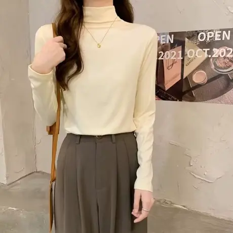 纯色简约半高领长袖T恤女秋季洋气减龄韩版修身内搭打底衫上衣潮商品大图