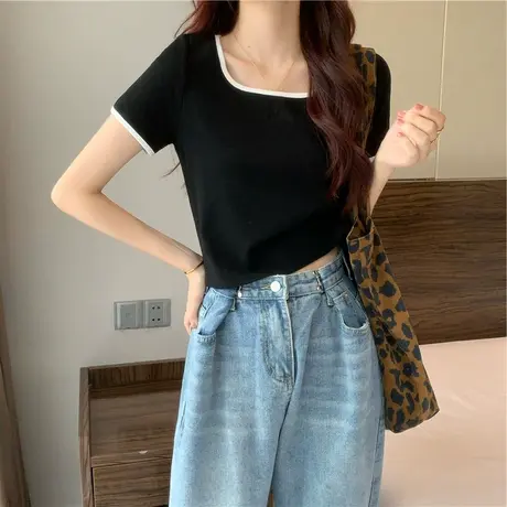 短袖正肩T恤女装夏季设计感小众紧身短款甜辣妹纯欲bm风上衣ins潮商品大图