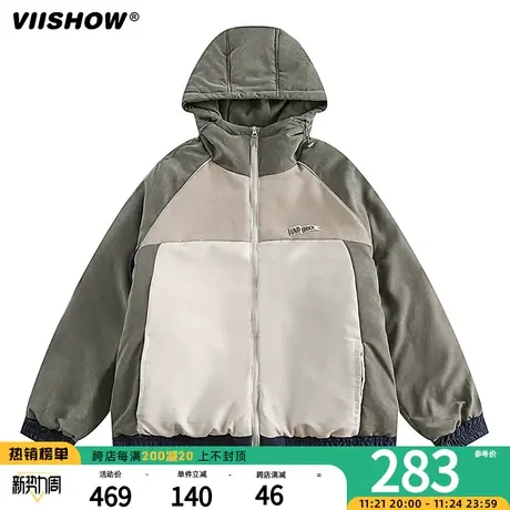 VIISHOW美式复古拼接撞色连帽外套男生冬季潮流百搭宽松休闲棉服商品大图