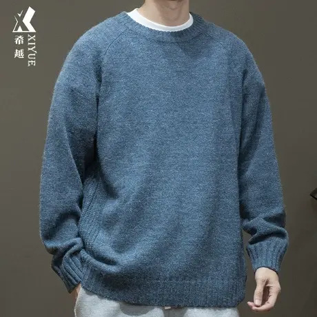 蓝色加肥加大码毛衣男秋冬宽松慵懒风针织衫男士内搭6针粗线衣厚商品大图