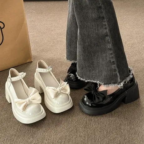 赫本风蝴蝶结小皮鞋女英伦2024春季新款粗跟配裙百搭jk玛丽珍单鞋商品大图