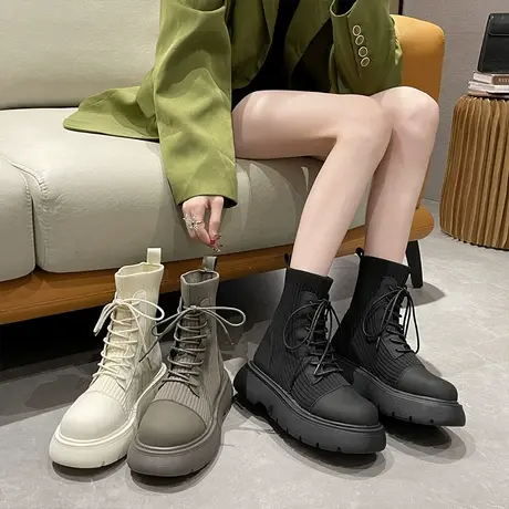 厚底马丁靴女ins英伦风2024年新款春秋单靴显瘦弹力袜靴超火短靴图片