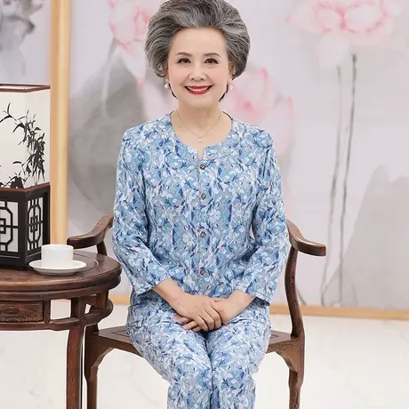 中老年棉绸睡衣女长袖春秋开衫奶奶老人绵绸家居服妈妈人造棉套装图片