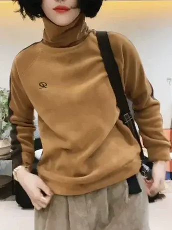 高领刺绣奥粒绒卫衣女2023秋冬新款宽松内搭时尚百搭拼色套头衫潮图片