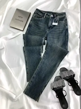 美式磨白代嘉儿同款开叉牛仔小脚裤女新款显瘦百搭高腰弹力九分裤商品大图