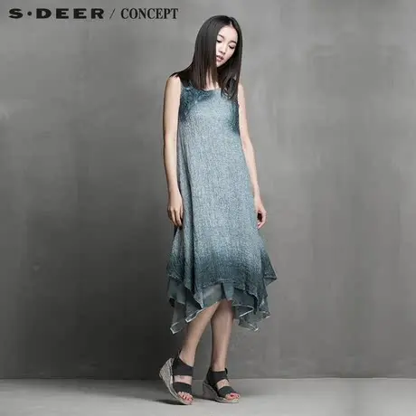 sdeer圣迪奥女装艺文晕染钩花双层不规则摆连衣裙S15281240图片
