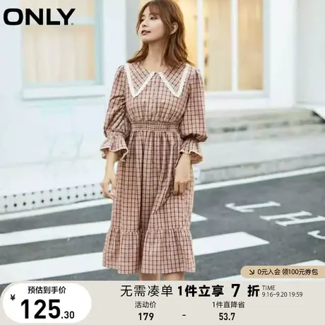 ONLY奥莱夏季娃娃领荷叶边格子通勤中长款连衣裙女图片