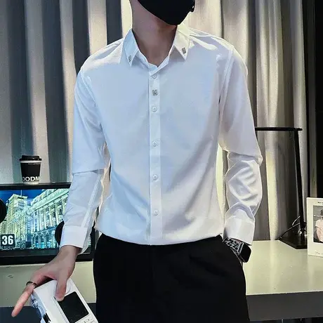 春秋季纯色修身长袖衬衫男重磅INS休闲高级感上衣发型师痞帅衬衣图片
