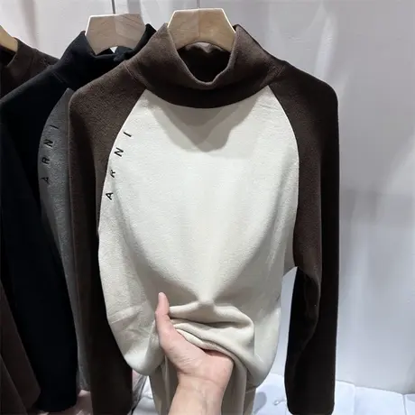 字母刺绣德绒保暖女打底衫秋冬新款宽松撞色插肩长袖T恤上衣加绒商品大图