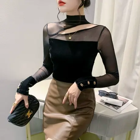 欧货女装2024春装新款T恤网纱镂空拼接露肩时尚气质上衣女打底衫商品大图