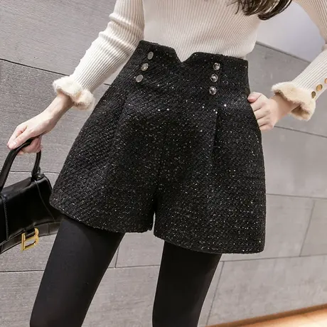 短裤女秋冬2023年新款黑色排扣高腰显瘦a字阔腿裤靴裤打底裤外穿图片