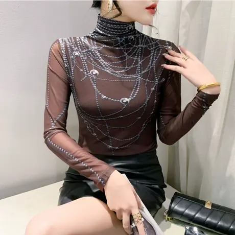 加绒秋冬2024新款T恤女网纱印花半高领长袖内塔修身上衣打底衫潮图片