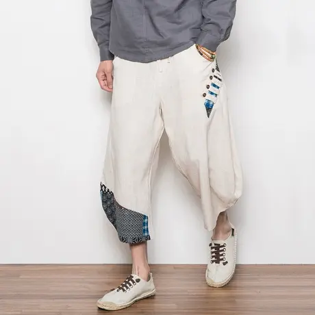 民族风男装秋季薄款亚麻裤宽松麻料八分裤阔腿裤男大码中式休闲裤图片