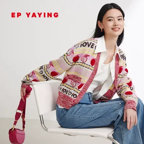 EP YAYING雅莹女装 羊毛V领桃子提花针织开衫 2024早春新品9160A商品大图