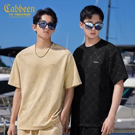 卡宾男装 仿麂皮绒T恤短袖2024春夏新款老花满印宽松上衣潮流H图片