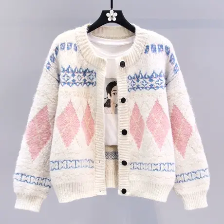 日系复古撞色菱格毛衣外套女冬季2024新款宽松慵懒风加厚针织开衫商品大图