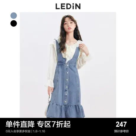 乐町牛仔双色收腰背带裙春秋女装初秋小个子设计气质连衣裙图片