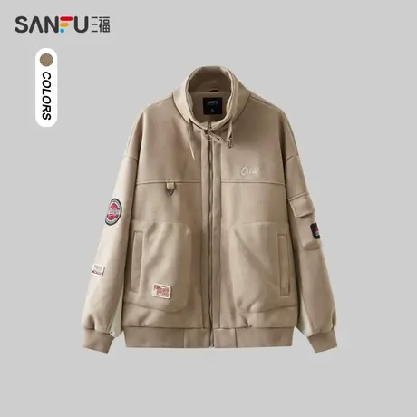 三福2024春季男士麂皮分割夹克 休闲宽松翻领开衫外套男482488商品大图