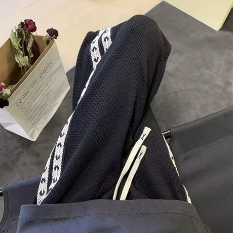 美式高街潮牌华夫格阔腿裤女春装韩版百搭bf原宿风运动休闲裤子潮商品大图