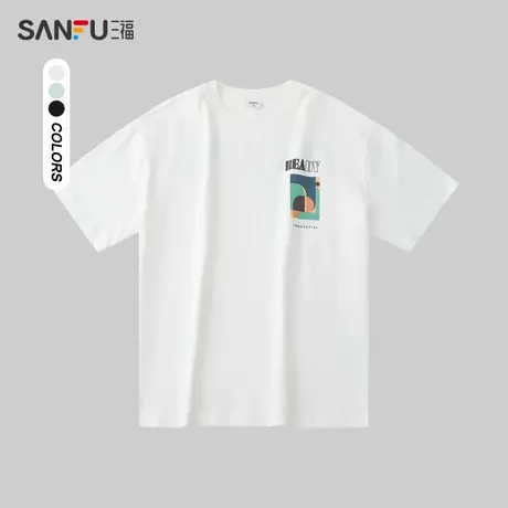 三福2024夏季男士几何图案短T恤 时尚通勤落肩圆领上衣483389图片