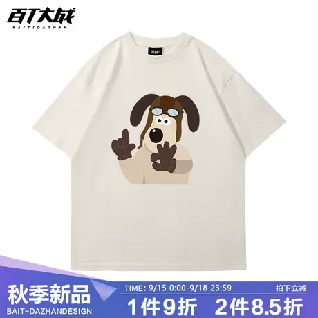 vintage美式复古短袖T恤情侣装可爱狗狗印花重磅纯棉夏季休闲上衣商品大图