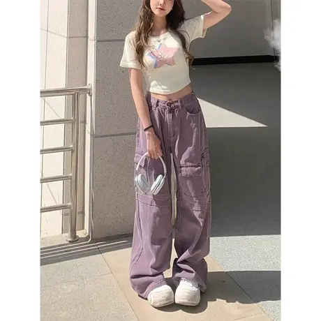 设计感工装直筒牛仔裤女夏季薄款宽松高街美式复古显瘦高腰阔腿裤图片