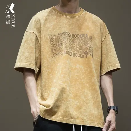 美式重磅水洗T恤男2024新款加肥加大胖子圆领五分袖上衣打底衫ins商品大图