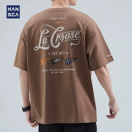 hansca 美式复古发泡印花短袖T恤男夏季纯棉圆领宽松潮流半袖上衣商品大图