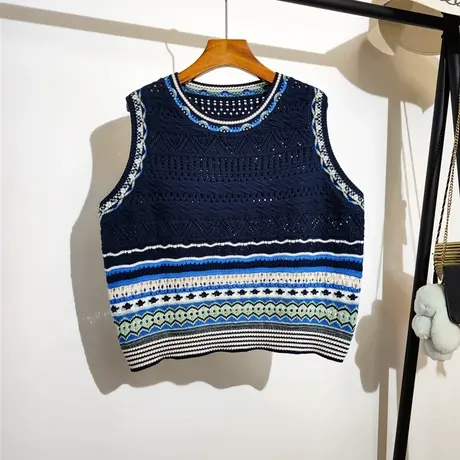 镂空针织背心马甲女春秋新款宽松圆领设计感小众无袖毛衣坎肩外穿商品大图