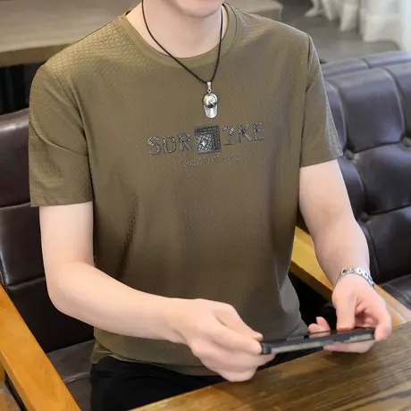 冰丝短袖T恤男士2024夏季新款百搭纯色格子半袖体恤圆领男装上衣图片