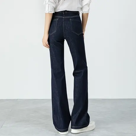 深蓝色高腰微喇牛仔裤女2024新款春秋大码女裤胖mm裤子显瘦喇叭裤商品大图