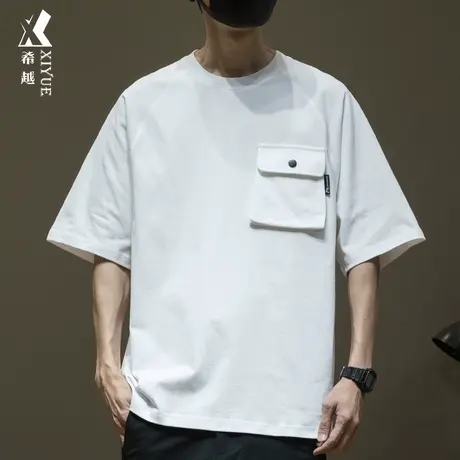 希越重磅230g纯棉T恤男2024春夏新款宽松大码休闲男士口袋打底衫商品大图