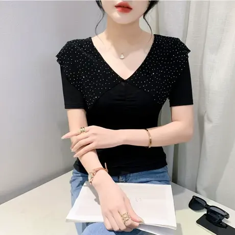 性感镂空V领T恤女短袖欧货女装气质网纱荷叶边镶钻上衣褶皱打底衫商品大图